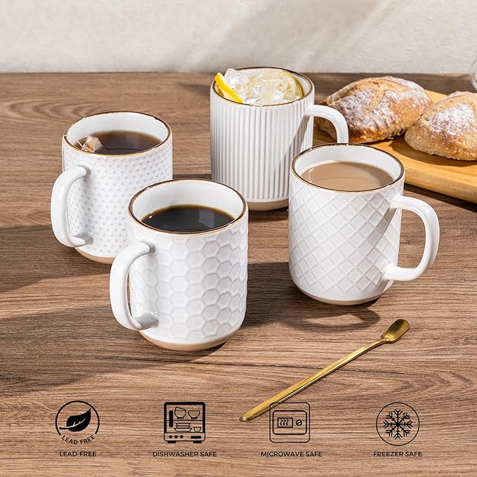 GBhome Large Coffee Mugs Set of 4, 16oz Handmade Stoneware Coffee Mugs Set with Large Handle for Cappuccino/Latte/Tea/Hot Cocoa, Dishwasher & Microwave Safe, Off White