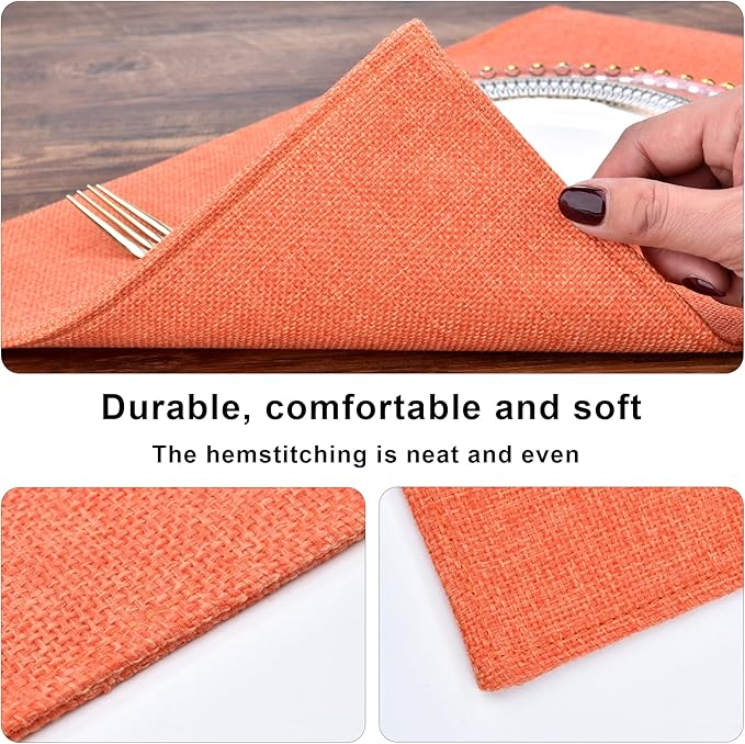 SLKQG Thanksgiving Linen Placemats Set of 8 - Heat Resistant & Machine Washable Table Mats for Holiday Dining, Double-Layered Fabric for Family Gatherings - Indoor Outdoor Use (8, Orange)