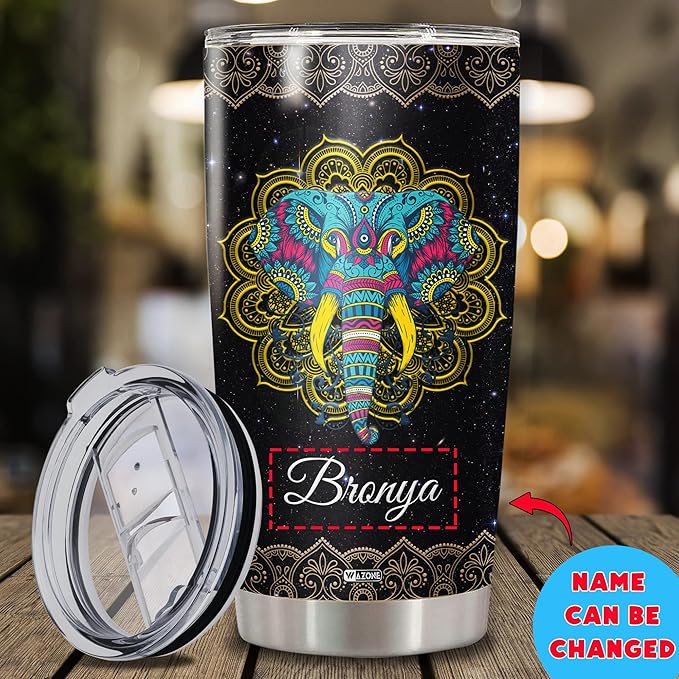 WAZONE Personalized Elephant Tumbler Cup 20 30oz Customized Mandala Elephants Stainless Steel Insulated Travel Mug Custom Name Birthday Christmas Gifts Men Women Double Wall Vacuum