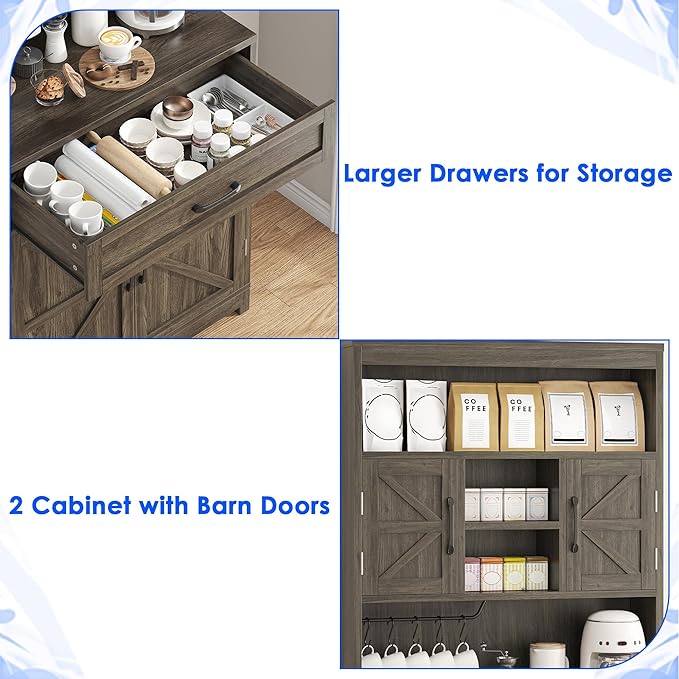 69" Tall Farmhouse Kitchen Pantry Cabinet, Kitchen Hutch Bar Cabinet with Drawers&Cup Holder, Large Wooden Storage Cabinets with Barn Doors&Microwave Stand, Cupboard for Dining Room(Ash Grey)