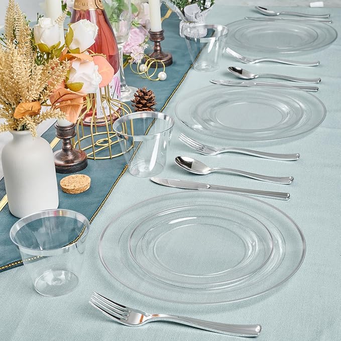 FOCUSLINE 100 Count Clear Silver Plastic Plates 7 Inch, Disposable Heavy Duty Clear Plates with Silver Rim, Premium Hard Plastic Plate Fancy Disposable Salad Dessert Plate for Wedding Parties