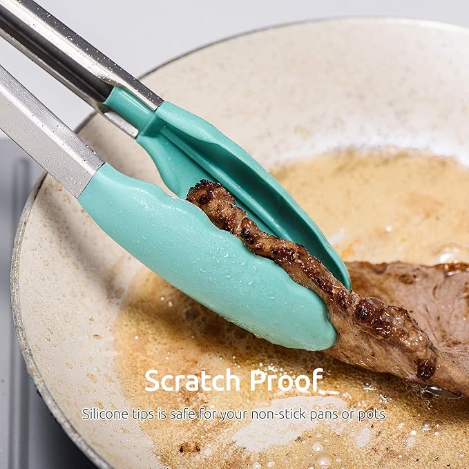 Kitchen Tongs, U-Taste 7/9/12 inches Cooking Tongs, with 600쨘F High Heat-Resistant Non-Stick Silicone Tips, 18/8 Stainless Steel Handle, for Food Grill, Salad, BBQ, Frying, Serving, Pack of 3(Teal)