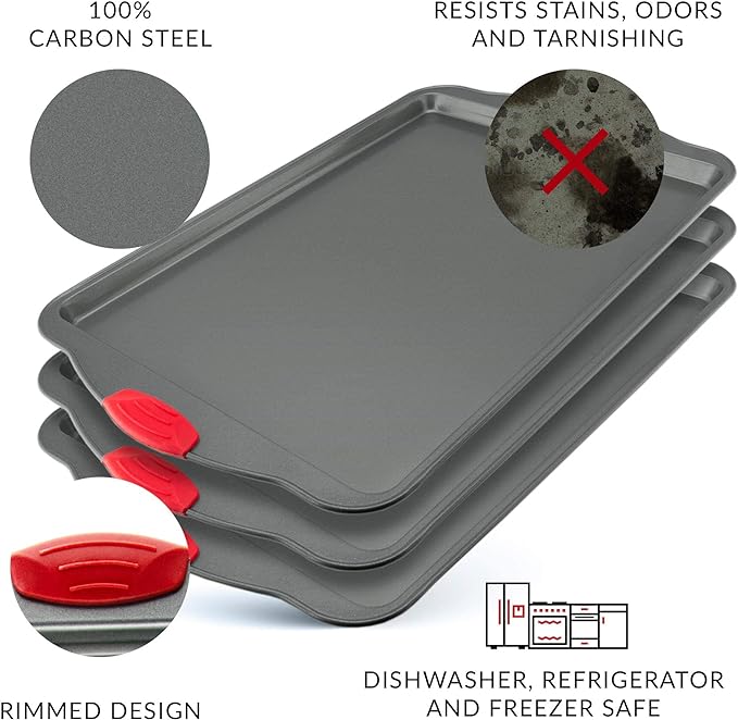 Premium Nonstick Baking Sheet Pans ??Set of 3, Heavy-Gauge Carbon Steel, Warp, Dent, and Rust-Resistant ??Gourmet Rimmed Half Cookie Sheet Trays, Non-Toxic for Exceptional Baking Performance