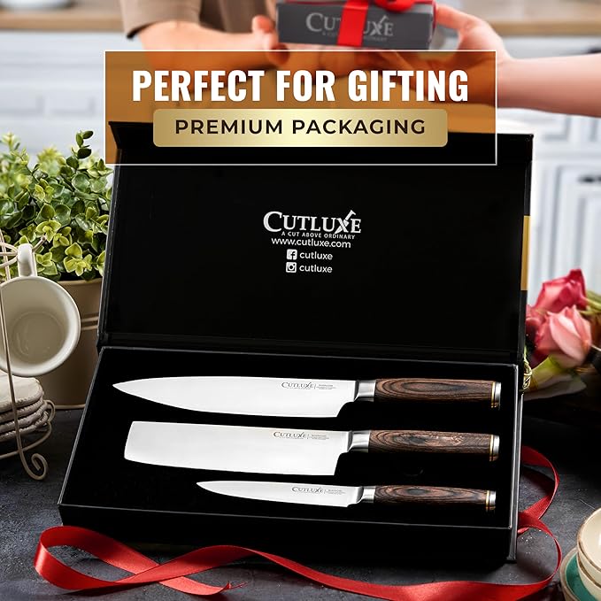 Cutluxe 3-Piece Chef Knife Set ??Ultra Sharp Japanese Kitchen Knives, High Carbon Stainless Steel Blades, Full Tang Pakkawood Handles ??Shinobi Series
