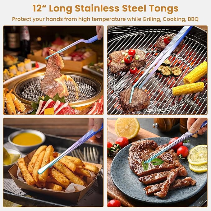GEEKHOM Tweezer Tongs for Cooking, [4 Pack]12-inch Fine Long Food Tongs, Stainless Steel Kitchen Tweezers, Professional Chef Tongs for BBQ, Baking, Roasting, Dessert Decoration, Steak, Salad, Colorful