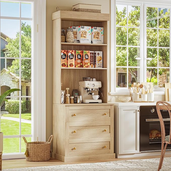 71" Tall Farmhouse Kitchen Pantry, Large Storage Cabinet with Drawers, Freestanding Coffee Bar Hutch with Microwave Stand, Adjustable Shelves for Kitchen, Living Room, Brown 2 Pcs