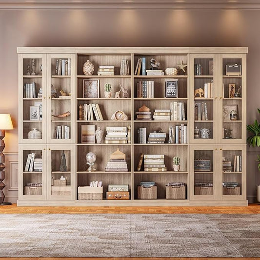 Vyre 70.8" Tall Farmhouse Bookshelf with Glass Doors, Modular Bookcase with 6-Tier Adjustable Shelves, Large Storage Cabinet for Kitchen, Living Room, Set of 4, Brown