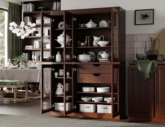 Palace Imports 100% Solid Wood 48.5" Pantry China Cabinet with Clear Glass Doors, 2-Drawers and Adjustable Shelves (Mocha)