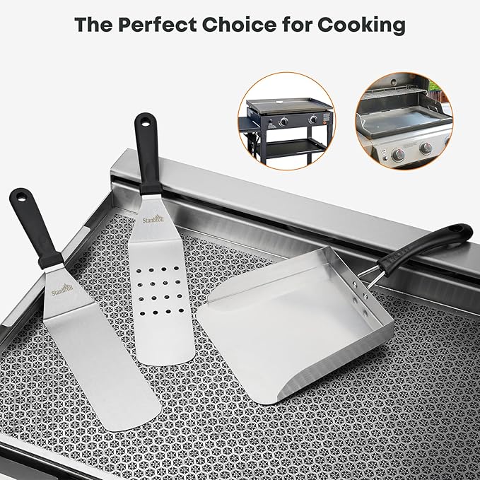 Stanbroil Stainless Steel Griddle Food Mover, 3 PCS Flat Top Grill Accessories Set for Stir Fry and Move Food