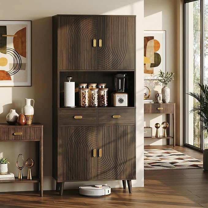 LIKIMIO 71.6" Mid-Century Kitchen Pantry Storage Cabinet, 3 Adjustable Shelves, 2 Drawers, 4 Line Grooved Doors, Elegant Solid Legs, Tall Kitchen Cupboard Hutch for Dining -Room, Living-Room, Walnut