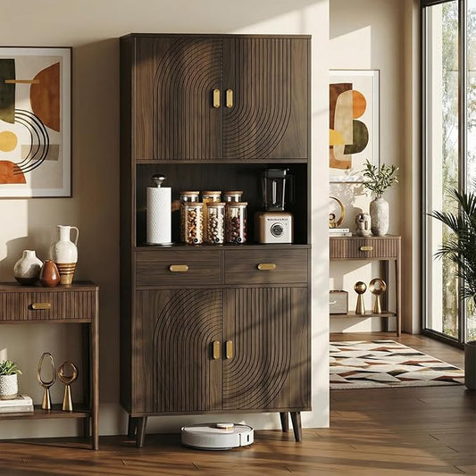 LIKIMIO 71.6" Mid-Century Kitchen Pantry Storage Cabinet, 3 Adjustable Shelves, 2 Drawers, 4 Line Grooved Doors, Elegant Solid Legs, Tall Kitchen Cupboard Hutch for Dining -Room, Living-Room, Walnut