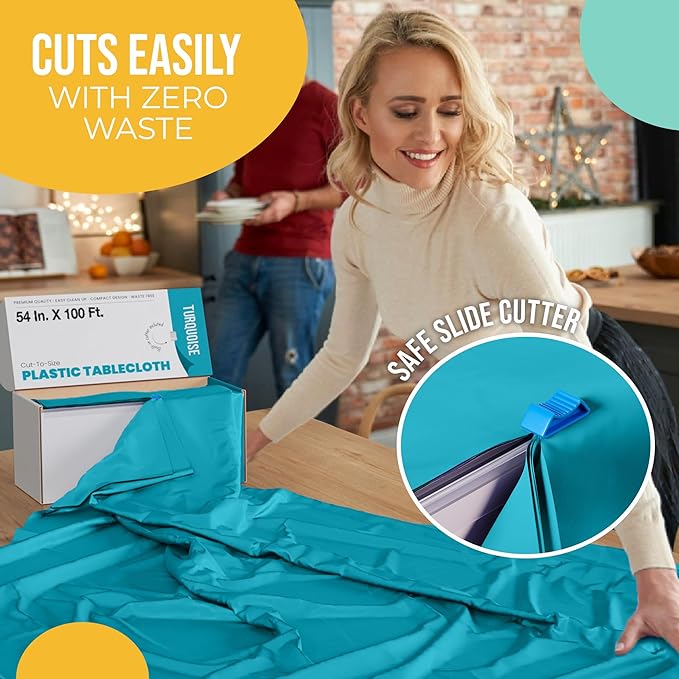 Party Solids 54 Inch X 100 Feet Turquoise Plastic Table Cover Roll in A Cut - to - Size Box with Convenient Slide Cutter. Cuts Up to 12 Rectangle 8 Feet Plastic Disposable Tablecloths
