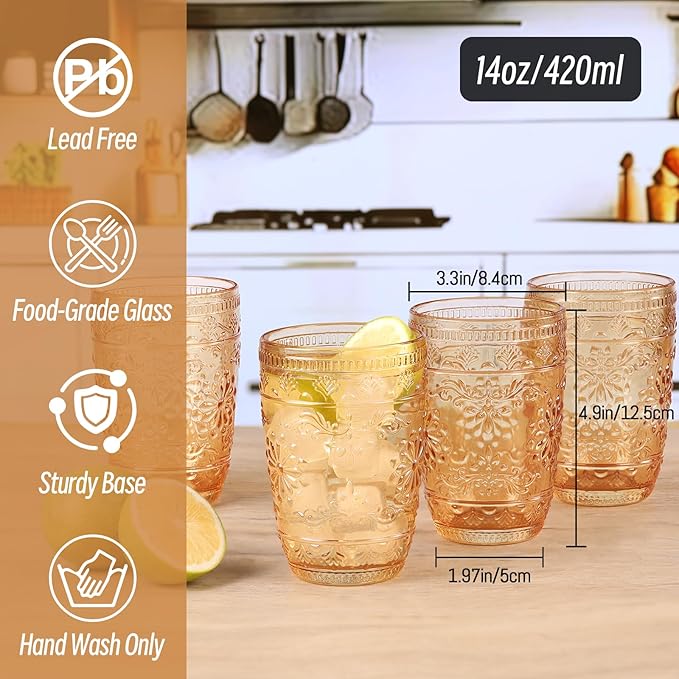 abrwyy Amber Glassware set of 6, Amber Drinking Glasses, Vintage Drinking Glasses, 14oz Colored Old Fashioned Glass Cups, Highball Glasses Set for Home Party Wedding