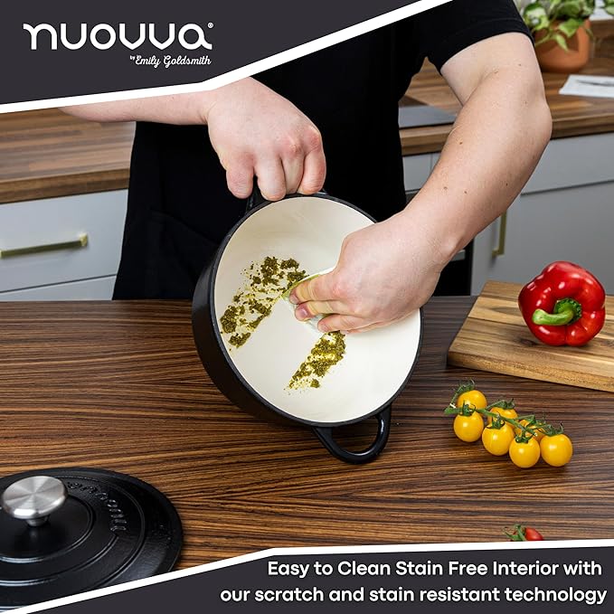 Cast Iron Pot with Lid ??Non-Stick Ovenproof Enamelled Casserole Pot, Oven Safe up to 500째 F ??Sturdy Dutch Oven Cookware ??Black, 5-Quart, 24cm ??by Nuovva