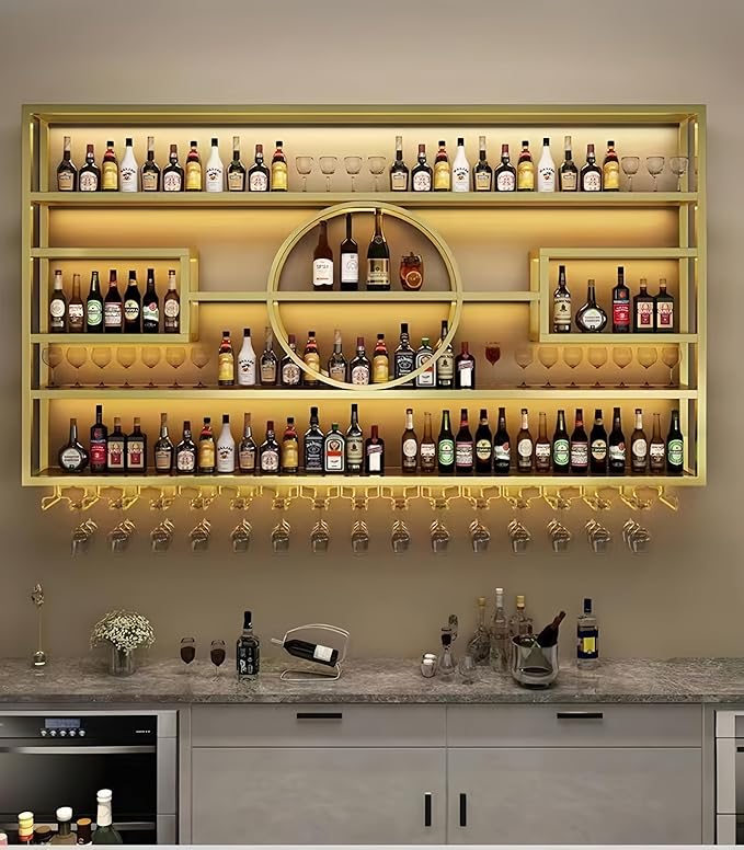 79in Modern Wine Rack Wall Mounted, Metal Wall Bar Shelves for Liquor Bottles with Glass Holder, Multifunctional Wood Bar Shelves Wall Mounted for Home Bar, Dining Room & Kitchen, Gold