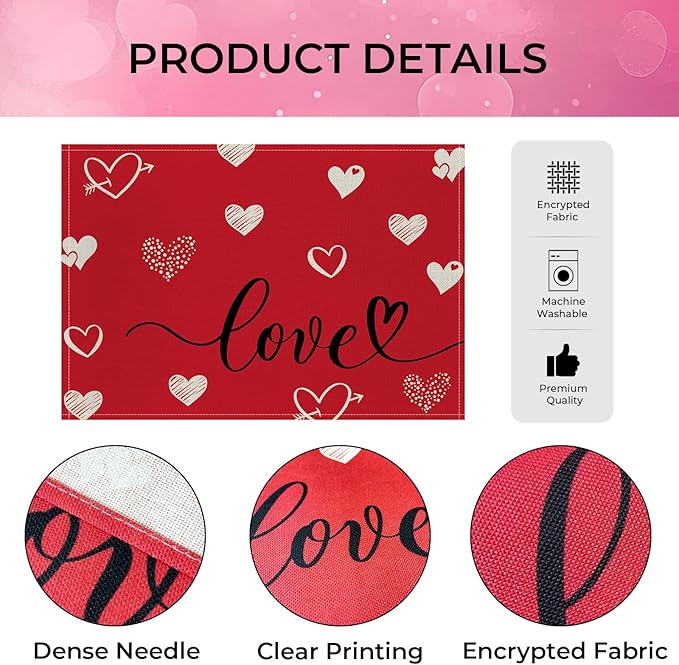 Valentine Placemats Set of 4, 12x18 Inch Love Hearts Table Mats, Seasonal Anniversary Holiday Valentines Day Table Decorations for Kitchen Dining Home Party Decor (Red)