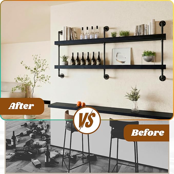 Industrial Wine Rack Wall Mounted, Solid Wood Shelf with Metal Pipe Brackets, 2-Tier Rustic Hanging Organizer for Wine Bottle Storage in Kitchen, Bar, Pub, Cellar(Black, 60 Inch)