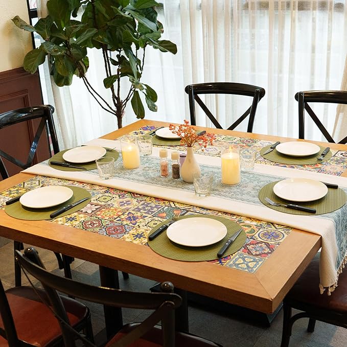 PROMATTOO Round Faux Leather Placemats Set of 6 – 13 Inch Vinyl Mats, Heat Resistant, Non Slip, Wipeable & Washable, Easy to Clean Dining Table Decor for Kitchen & Holiday Gatherings（Olive Green）