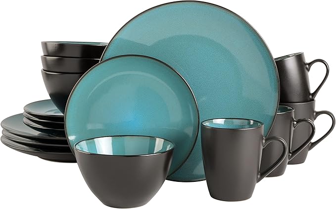 Gibson Elite Soho Lounge 16-Piece Round Reactive Glaze Stoneware Dinnerware Set, Service for 4 ??Teal Plates and Bowls