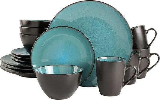Gibson Elite Soho Lounge 16-Piece Round Reactive Glaze Stoneware Dinnerware Set, Service for 4 ??Teal Plates and Bowls