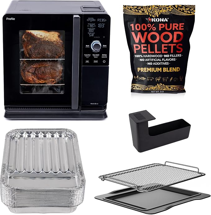 GE Profile??Smart Indoor Pellet Smoker + Accessories Bundle, Includes Four 1lb Bag of Pellets, Pellet Strainer, 20-pack of Drip Pan Liners, and Prep Tray