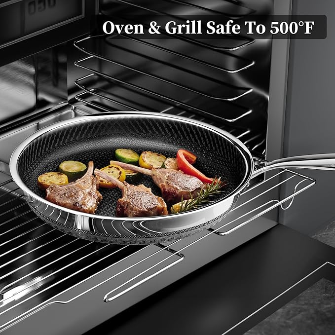 Non Stick Frying Pan with Lid, 12 Inch Ceramic Hybrid Tri-Ply Stainless Steel Frying Pans Nonstick W/Lid, Large Induction Skillet Frying Pans for Cooking, Metal Utensil Safe, PFAS/PFOA/PTFE Free