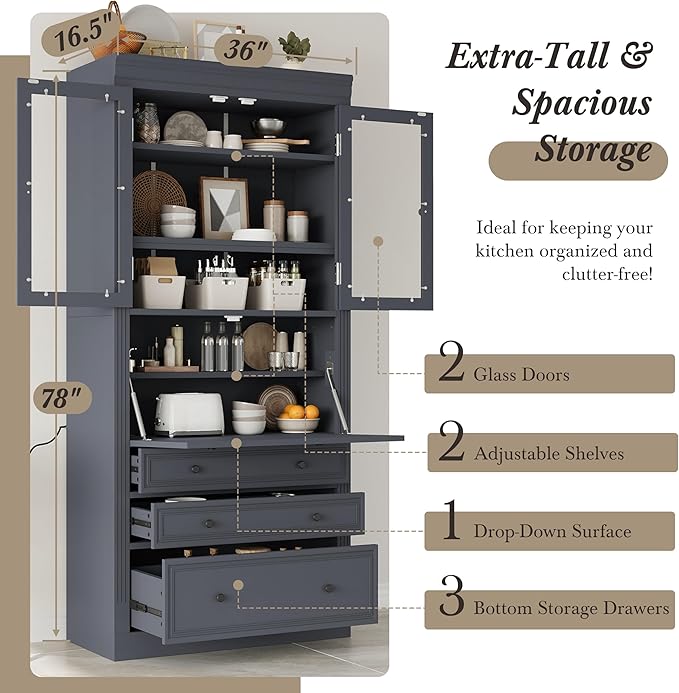 Merax 78 Inch Extra-Tall Freestanding Kitchen Pantry Storage Cabinet, Multifunctional Cupboard with 3 Drawers, Adjustable Shelves & Power Outlet Drop-Down Surface for Dining and Living Room, Grey