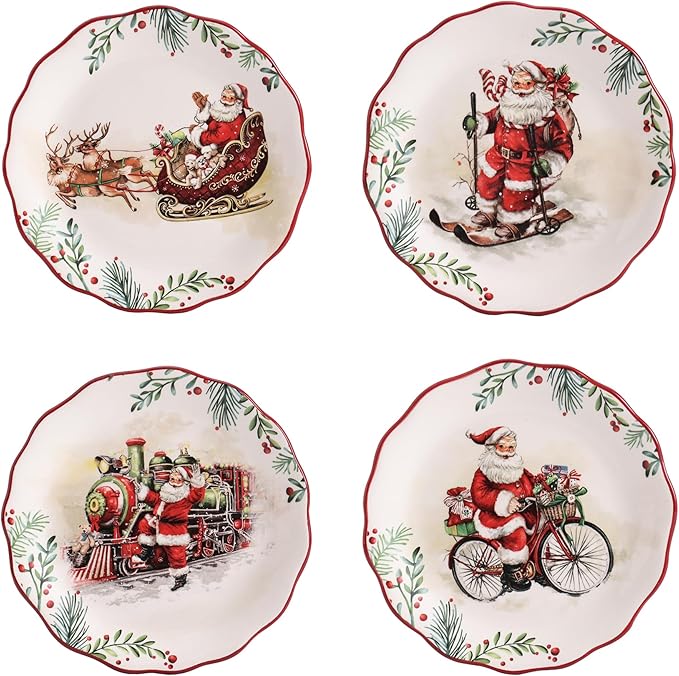 Bico Santa On The Way Scalloped Salad Plates Set of 4, 8.75 Inch Ceramic Dessert Plates for Salad, Appetizer, Side Dishes, Microwave and Dishwasher Safe, Gift for Housewarming and Christmas