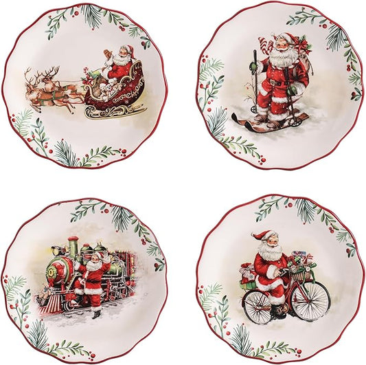 Bico Santa On The Way Scalloped Salad Plates Set of 4, 8.75 Inch Ceramic Dessert Plates for Salad, Appetizer, Side Dishes, Microwave and Dishwasher Safe, Gift for Housewarming and Christmas