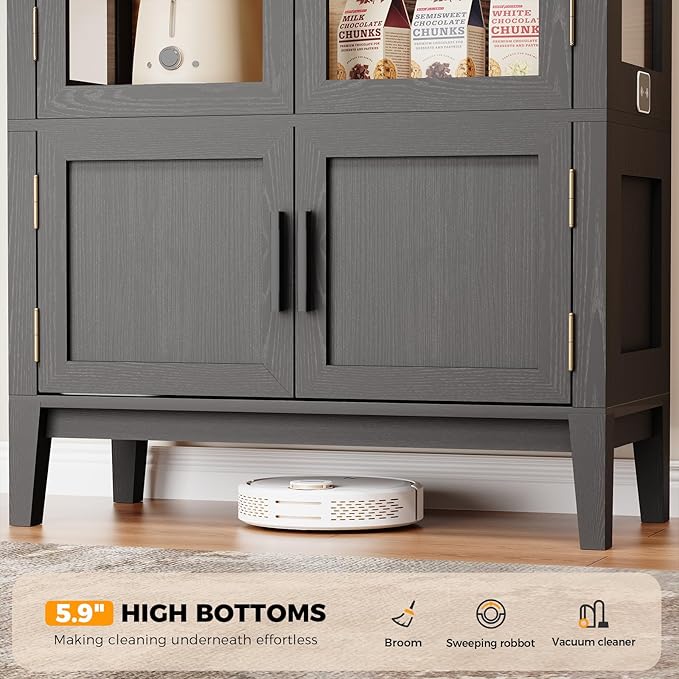 71" Kitchen Pantry Cabinet, Arched Bookcase China Pantry Storage Cabinet with Glass Doors and Shelves, Human Body Sensor, Versatile Cupboard for Kitchen, Living Room, Dining Room (Black)