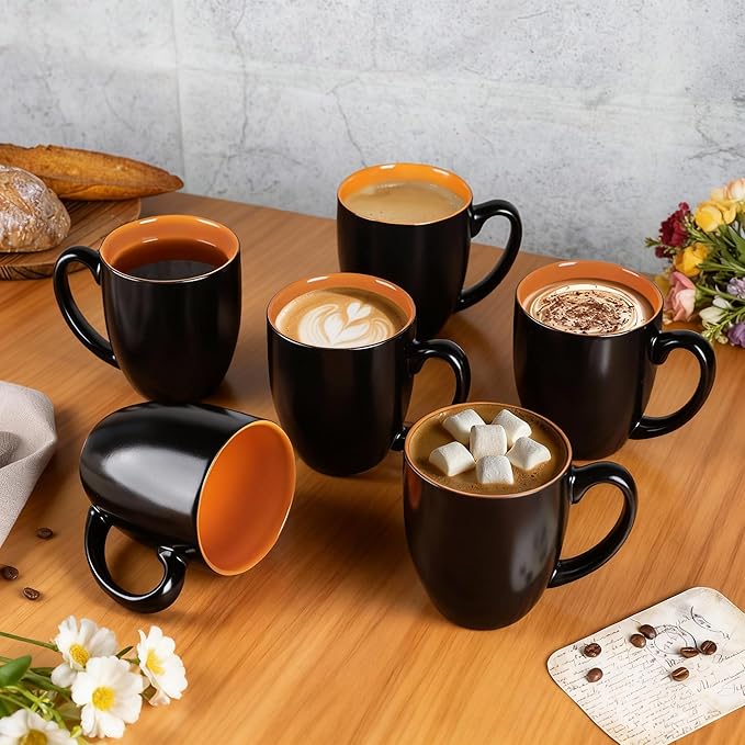 GBhome 12oz Coffee Mugs Set of 6, Large Ceramic Coffee Mugs for Man, Woman, Dad, Mom, Modern Coffee Mugs Set with handle for Tea/Latte/Cappuccino/Milk/Cocoa. Dishwasher&Microwave Safe,Orange