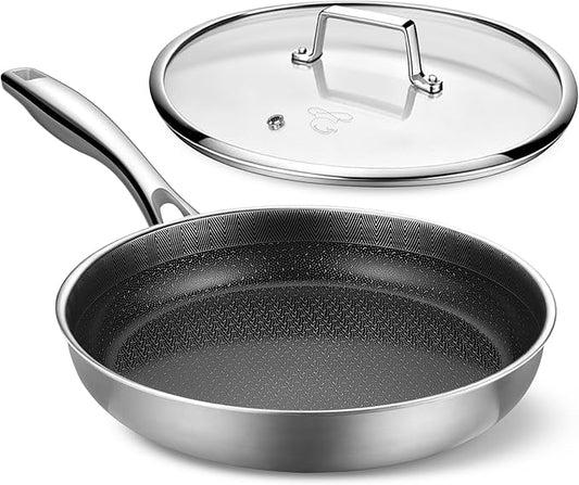 PekGema Hybird Nonstick Frying Pan with Lid 12 inch, Stainless Steel Skillet, Ceramic Non-stick Oven-Safe Chef Pan, Induction Ready, PFOA PFAS FREE Cookware