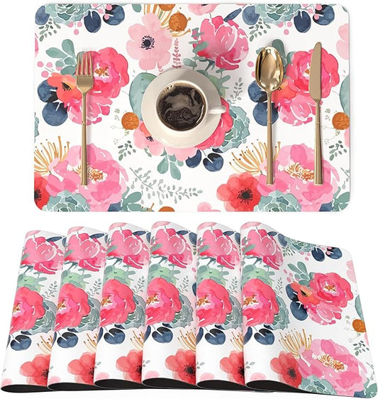 QIYI Placemats Set of 6, 12x18 Inch Faux Leather Place Mats for Kitchen Dinning, Heat Resistant Anti Slip Floral Table Mats, Waterproof Washable Placemat Party Table D챕cor, Watercolor Pink Flowers