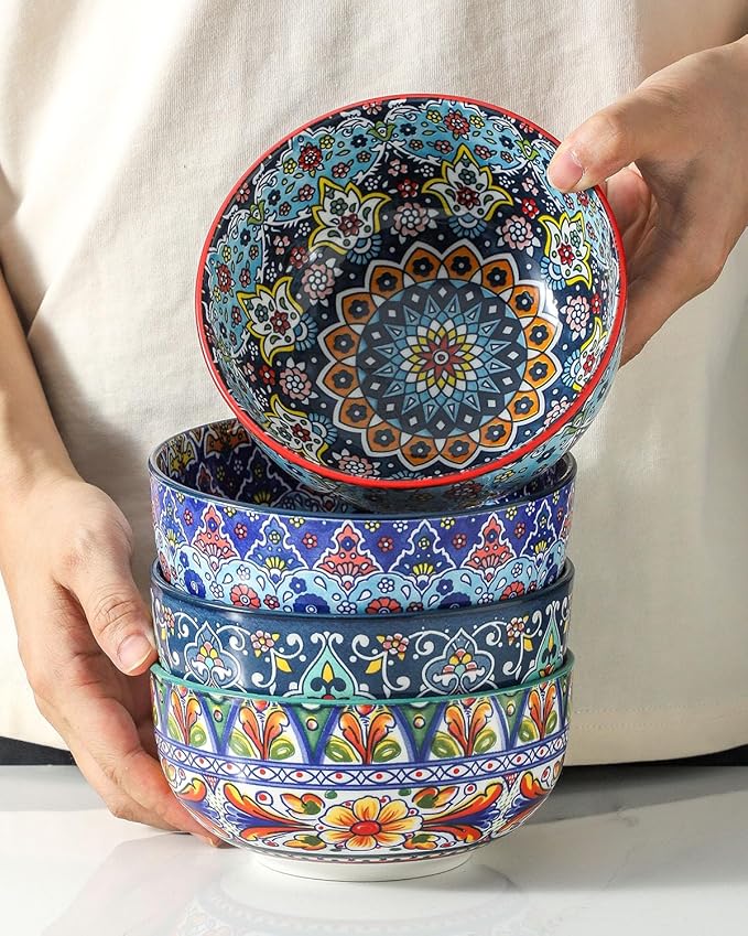 glowworm Cereal Bowls, 26 Oz Ceramic Soup Bowls Set of 4, Kitchen Bowls for Rice, Oatmeal, Fruit, Ice Cream, Dessert, Dishwasher & Microwave safe, Bohemian