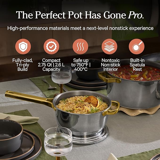 Our Place Mini Titanium Perfect Pot Pro | 2.75 Qt Cooking Pot with Lid & Silicone Spoon | PFAS-Free Nonstick, Fully-Clad Tri-Ply Stainless Steel & Aluminum | Induction & Oven-Safe up to 750째F | Gold