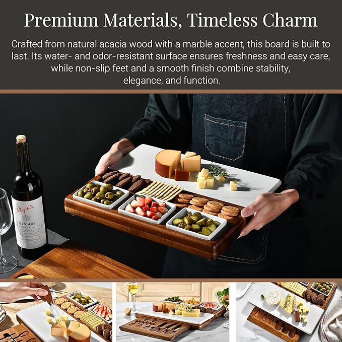 Shanik Marble & Acacia Wood Cheese Board Set ??Includes 3 Ceramic Bowls, Stainless Steel Cutlery ??Charcuterie Platter Gift for Entertaining