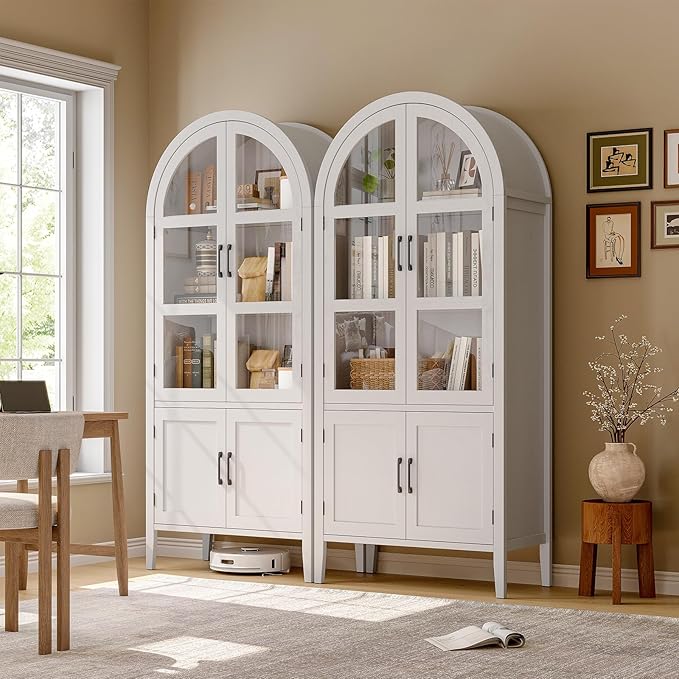 ONBRILL 71" Tall Arched Cabinet, 5-Tier Arched Kitchen Pantry with Glass Doors & Shelves, Modern Display Arch Cabinet with Adjustable Feet, Wooden Pantry for Living Room, Dining Room, Off White
