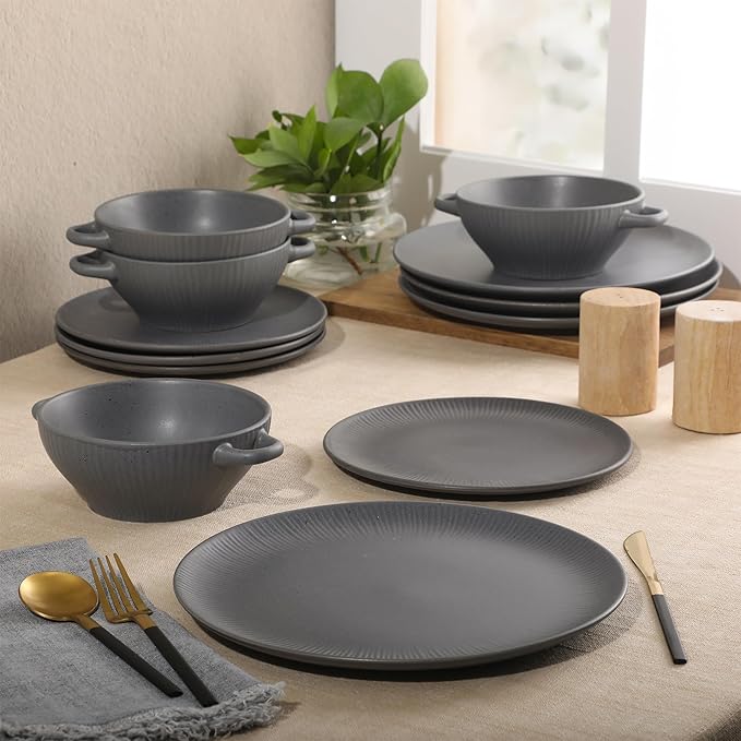 Gibson Elite Clover Hill 12-Piece Stoneware Dinnerware Set ??Dark Blue Embossed Plates and Bowls with Matte Speckled Reactive Glaze, Service for 4 ??Microwave & Dishwasher Safe