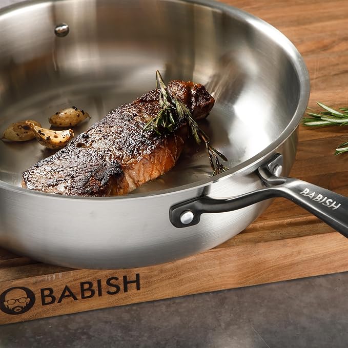 Babish 5-Qt Stainless Steel Saut챕 Pan with Lid ??Heavy Duty Nonstick-Ready, Oven & Induction Safe, Everyday Kitchen Cookware