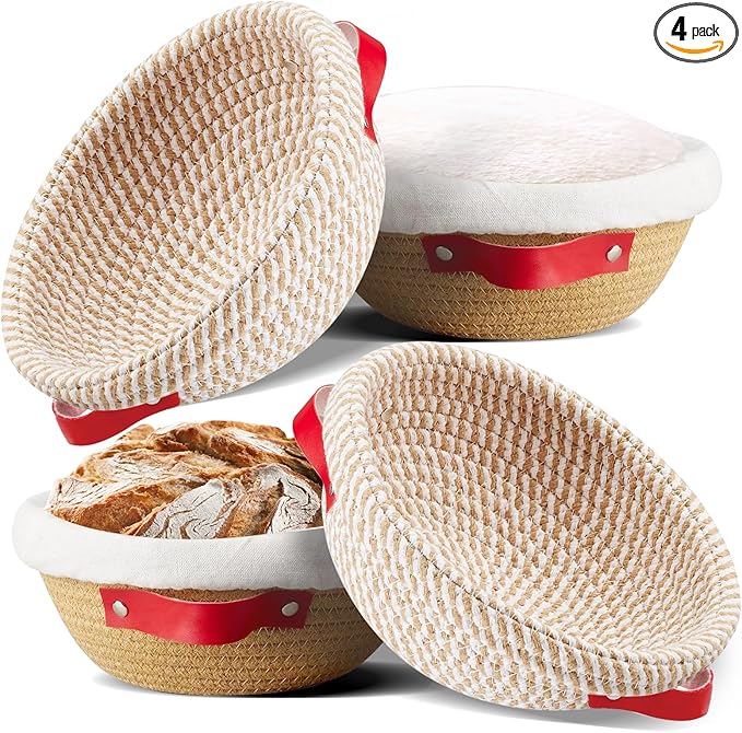 9 Inch Round Cotton Rope Banneton Bread Proofing Basket Banneton Basket Set of 4 Sourdough Bread Baking Supplies with Liner & Cover
