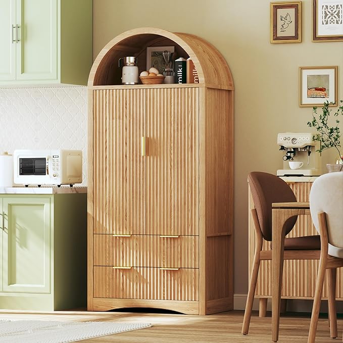 71" Tall Arched Kitchen Pantry, Fluted Pantry Cabinet with Doors, Kitchen Storage Cabinets with 2 Large Drawers and Adjustable Shelves, for Dining Room, Living Room, Natrual