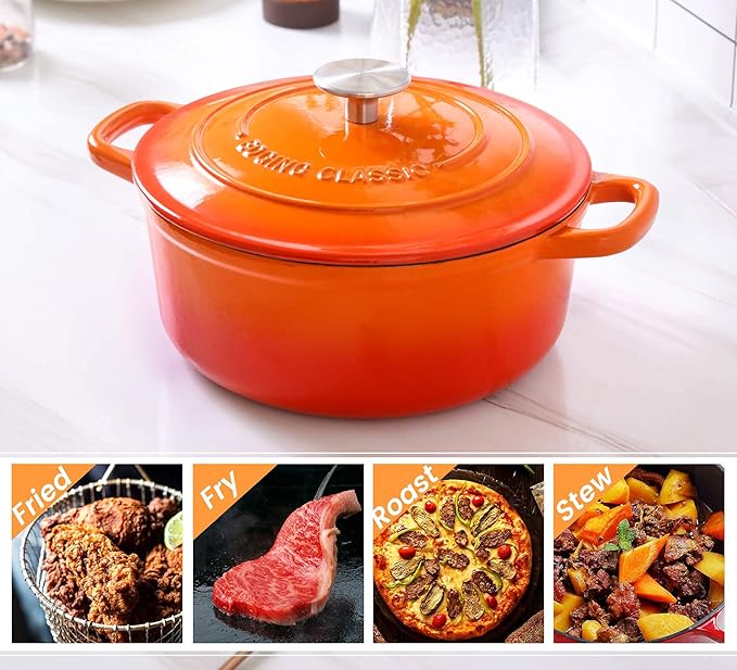 Enameled Cast Iron Dutch Oven, 5.5 Quart, Round Cast Dutch Ovens Pot with Lid Dual Handle for Bread Baking, Oven Safe up to 500째F, Orange