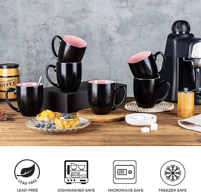 GBhome 16oz Coffee Mugs Set of 6, Large Ceramic Coffee Mugs for Man, Woman, Dad, Mom, Modern Coffee Mugs Set with handle for Tea/Latte/Cappuccino/Milk/Cocoa. Dishwasher&Microwave Safe,Pink