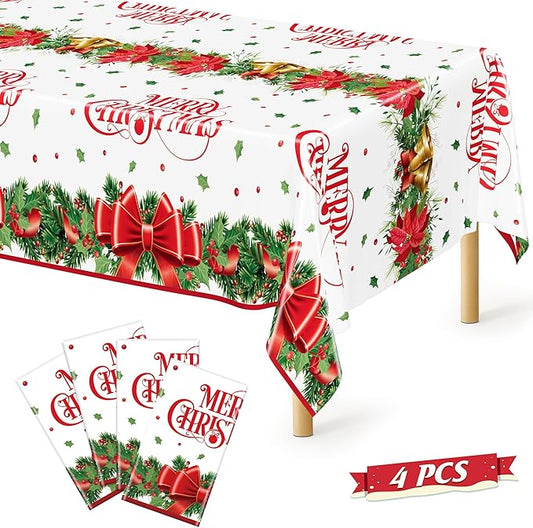 QZYL 4 Pack Christmas Table Cloths, 54" x 108" Xmas Decorations, Poinsettia Bow Design Christmas Plastic Tablecloth Holiday Disposable Tablecover, Holiday Party Decor Xmas Table Decor