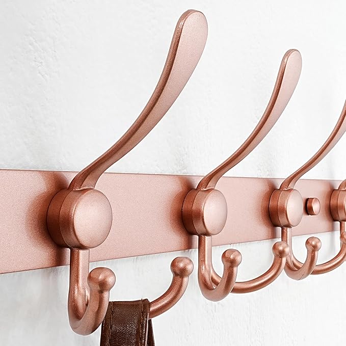 Dseap Coat Rack Wall Mount - 38??Long 10-Tri-Hooks Heavy Duty Coat Hanger Rail Wall Hooks for Hanging Coats Hats Clothing Clothes Purse Mudroom Entryway, Rose Gold