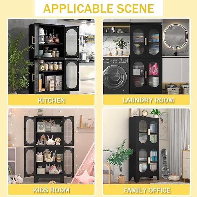 Pantry Cabinet, 61" with Acrylic Glass Doors and Adjustable Shelves, Metal Kitchen Cabinet for Multiple Rooms