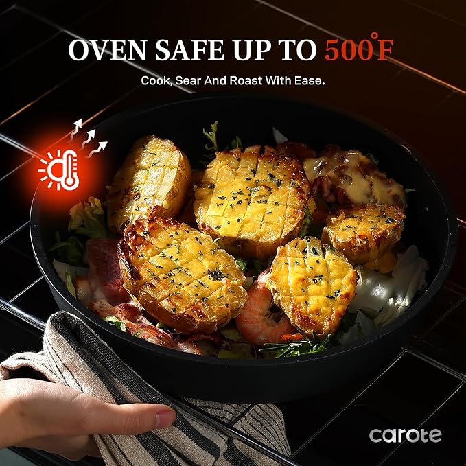 CAROTE 20pcs Non Stick Pots and Pans Set with Temperature Spot, Detachable Handle Nonstick Cookware Set Black, Dishwasher/Oven Safe,RV Camping Cooking Set, Kitchen Pot and Pan Set
