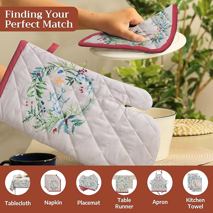Maison d' Hermine Oven Gloves 100% Cotton Oven Mitt 7" x 13" with Loop Heat Resistant BBQ Cooking Gloves for Thanksgiving Christmas Decorations Baking Handling Hot Pans (Pack of 1, Holly Time)