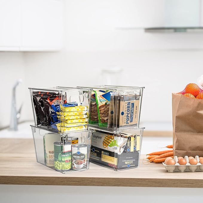 ClearSpace Modern Plastic Storage Bins with Lids ??Perfect Kitchen Organization or Pantry Fridge Organizer, 4 Pack, 12.5" x 6" x 7", 9L Capacity Each, BPA Free, Stackable
