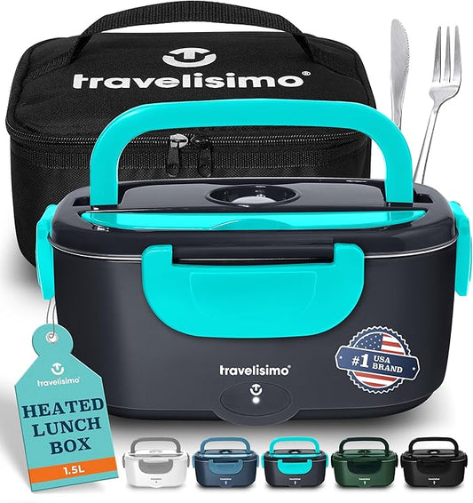 TRAVELISIMO Electric Lunch Box for Adults 100W Heated Lunch Box For Men 1.5L Stainless Steel Portable Food Warmer, 12/24/110V Electric Food Warmers for Travel & Work Loncheras Para Hombres de Trabajo
